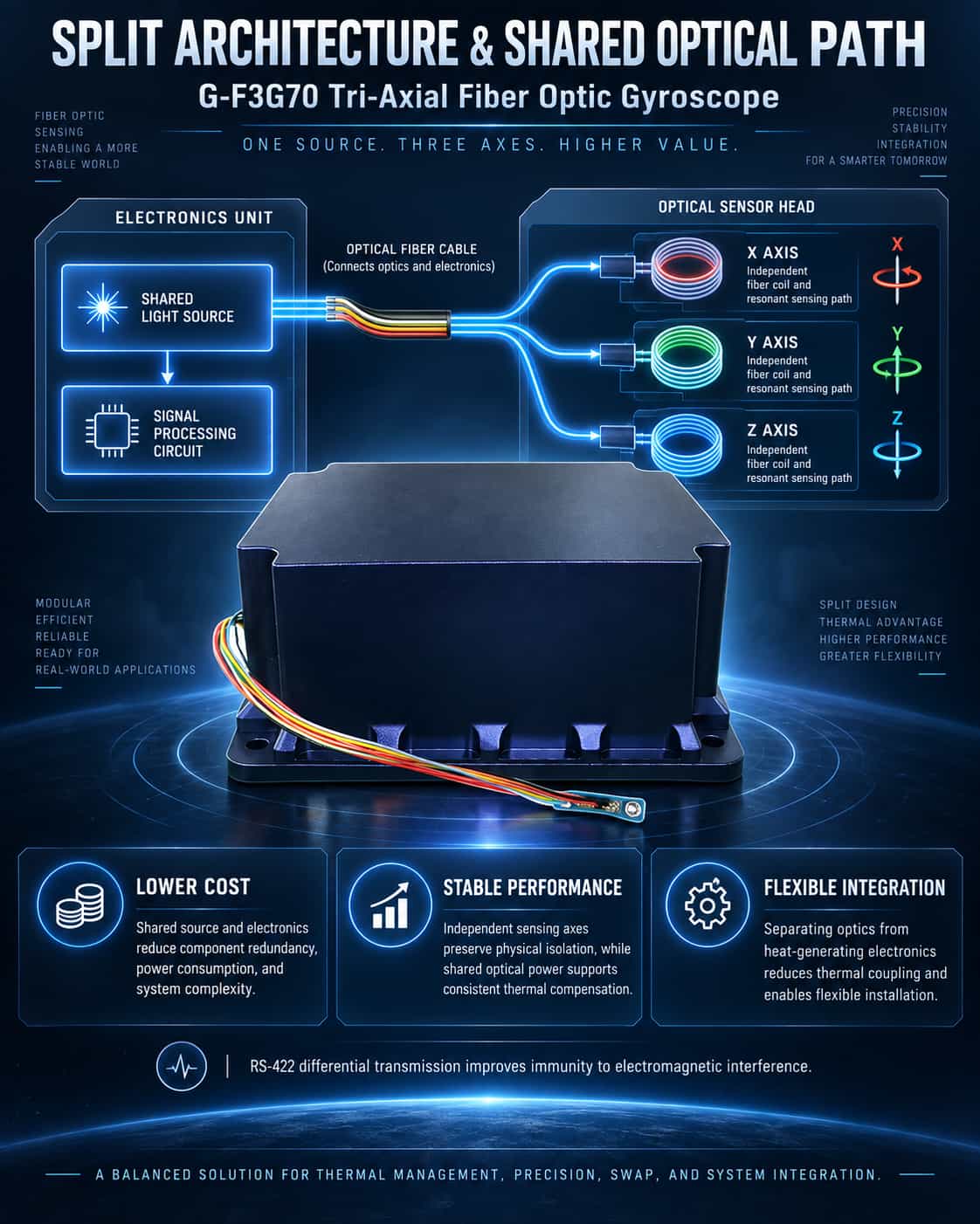 Логика проектирования трехосевого волоконно-оптического гироскопа G-F3G70: разделенная архитектура и общий оптический тракт для трех осей.